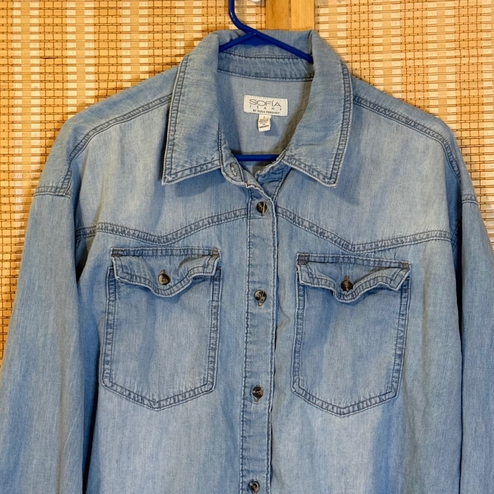 Sofia Jeans by Sofia Vergara Denim Button Down Shirt Light Wash Cotton Large - Picture 2 of 9